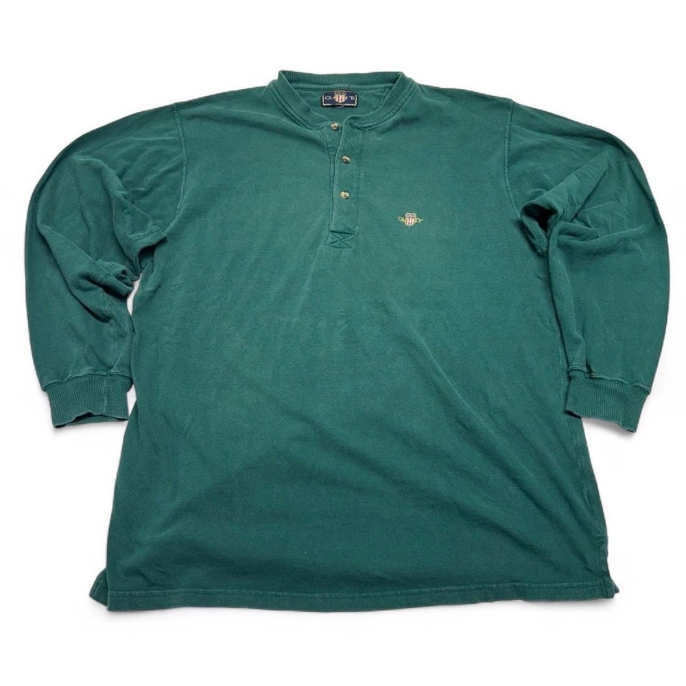Gant USA Mens Forest Green Long Sleeve Henley Shirt Vintage Embroidered Shield